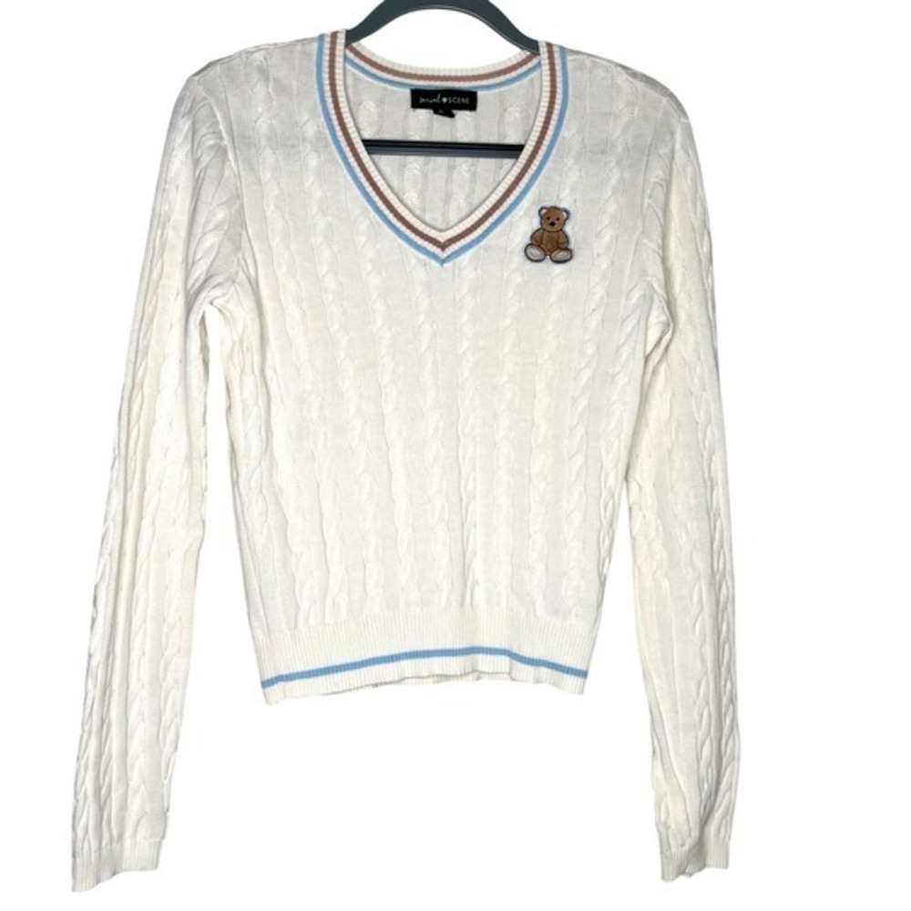 Social Scene White‎ Cable Knit Teddy Bear V Neck Sweater XL